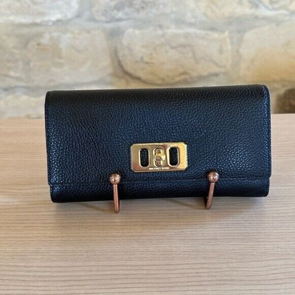 MICHAEL KORS Hamilton Medium Satchel Leather Bag Black gold +wallet set NWT - Picture 9 of 15